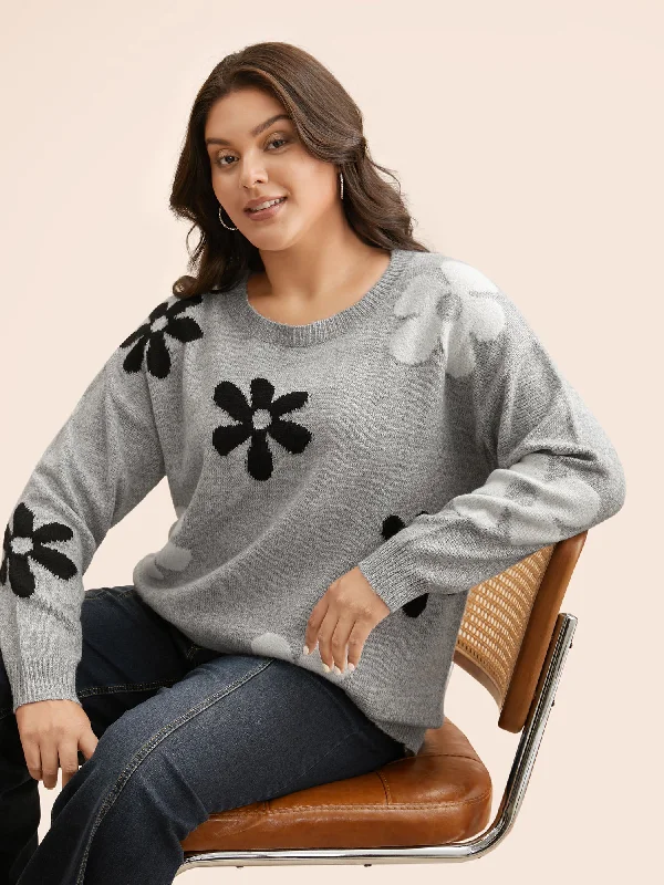 Women's Chunky Knit Pullover Sweater-Round Neck Floral Jacquard Pullover