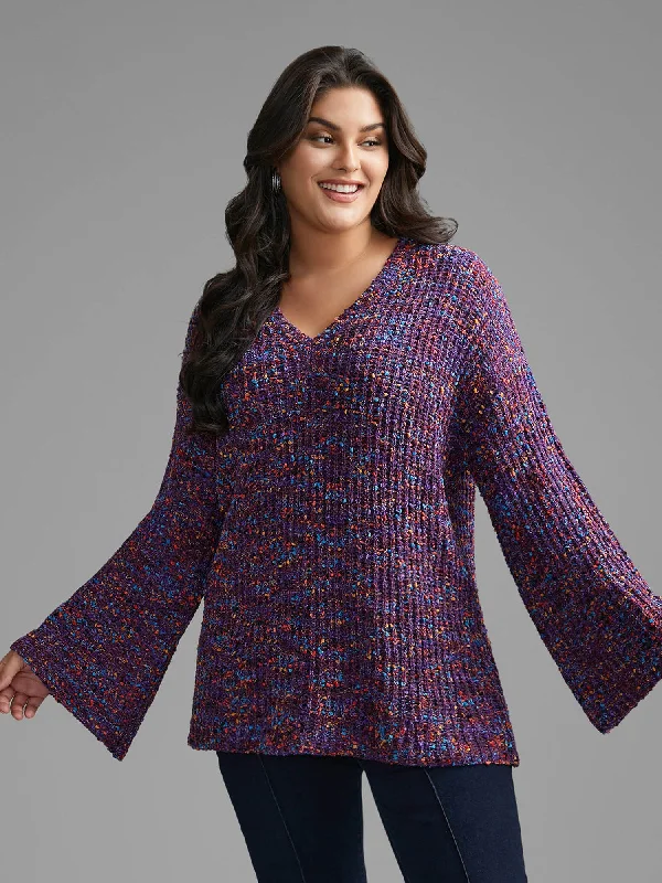 Women's Elegant V-neck Pullovers Sweater-Round Neck Heather Bell Sleeve Pullover