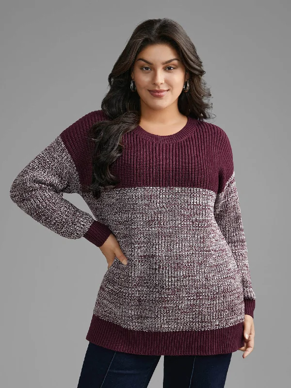 Women's Slim Knit Pullovers Sweater-Round Neck Heather Patchwork Pullover