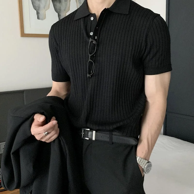 Knit Tops with Layered Design-RT No. 5249 BLACK VERTICAL KNITTED SHORT SLEEVE COLLAR SHIRT