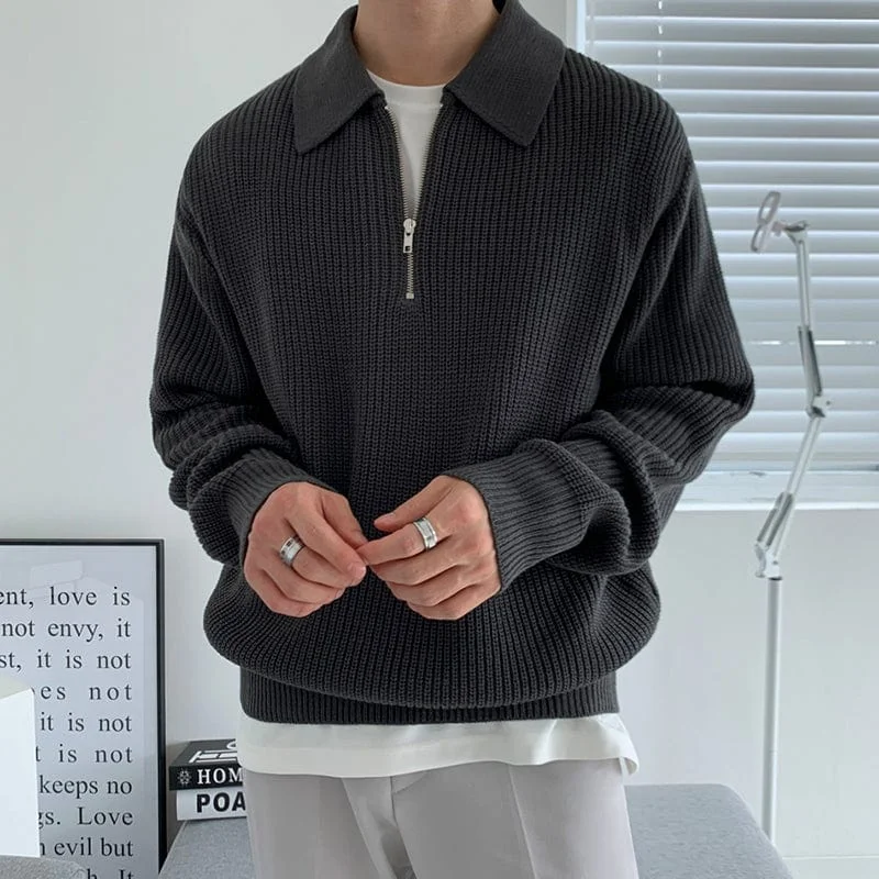 Knit Tops with Shoulder Details-RT No. 6151 KNITTED HALF ZIP-UP COLLAR SWEATER