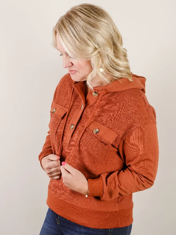 Women's Sweatshirts for Traveling in Style -Rust Hooded French Terry Pullover