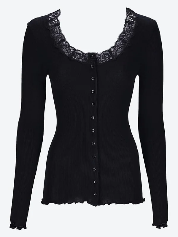 Knit Tops with Detachable Sleeves-Laced cardigan in ribbed wool and silk