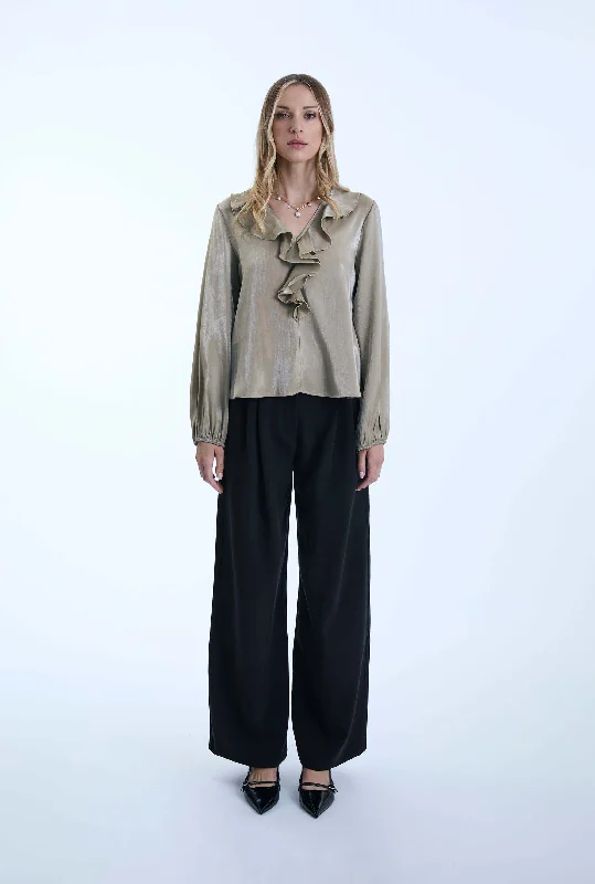 Women's Vintage Shirts -Sand Ruffled V-neck Blouse