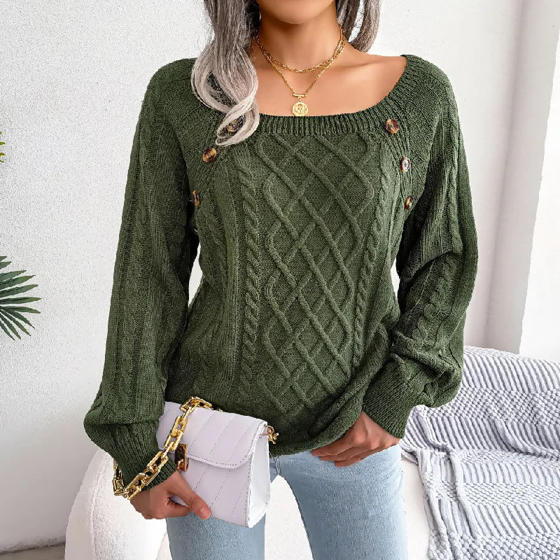 Women's Pullover Sweater for Outdoor Wear-Sassy Button Detail Balloon Sleeve Pullover Fisherman Sweater