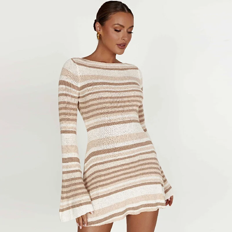 Women's Sweaterdress with Turtleneck Design -Sexy Boat Neck Flared Sleeve Tie Back Bold Stripe Mini Sweater Dress Women's Sweaterdress with Turtleneck Design -Sexy Boat Neck Flared Sleeve Tie Back Bold Stripe Mini Sweater Dress