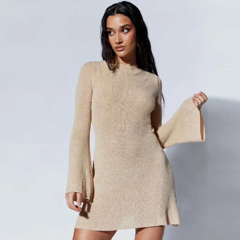 Women's Sweaterdress with Metallic Threads -Sexy Boat Neck Flared Sleeve Tie Back Solid Color Mini Sweater Dress Women's Sweaterdress with Metallic Threads -Sexy Boat Neck Flared Sleeve Tie Back Solid Color Mini Sweater Dress