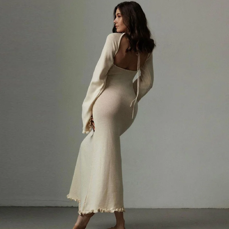 Stylish Sweaterdress for Winter -Sexy Cutout Back Tie Stringy Selvedge Bell Sleeve Knit Sweater Maxi Dress Stylish Sweaterdress for Winter -Sexy Cutout Back Tie Stringy Selvedge Bell Sleeve Knit Sweater Maxi Dress