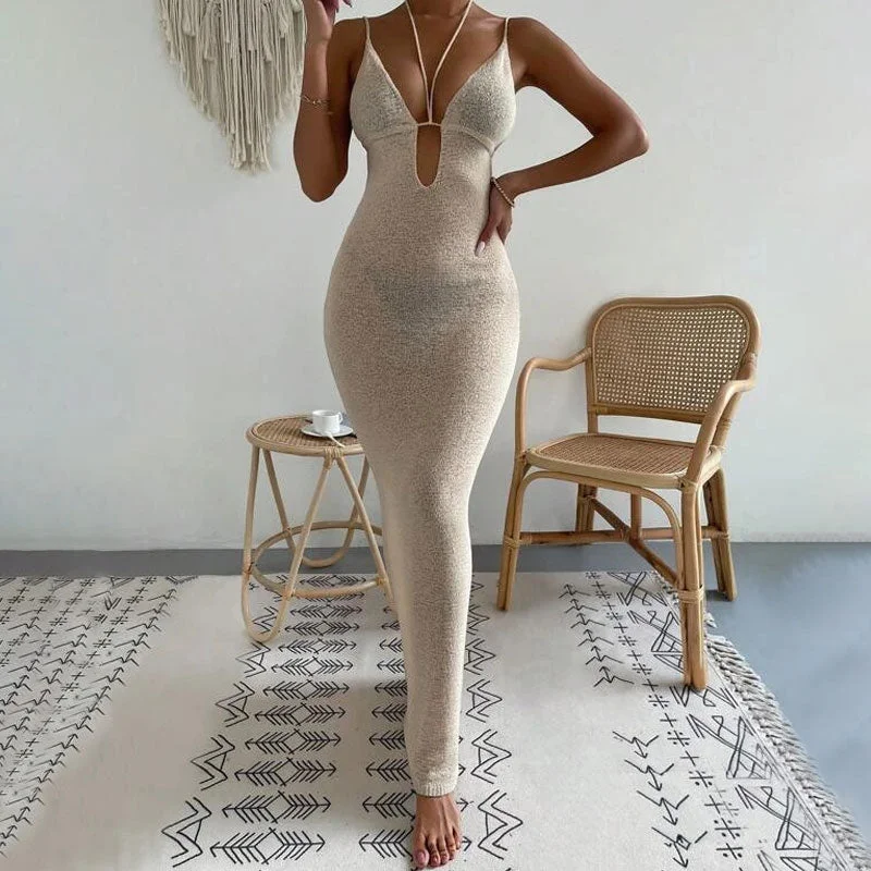 Women's Sweaterdress with Flared Sleeves -Sexy Deep V Neck Halter Tie Back Cami Sheer Knit Cover Up Maxi Dress Women's Sweaterdress with Flared Sleeves -Sexy Deep V Neck Halter Tie Back Cami Sheer Knit Cover Up Maxi Dress