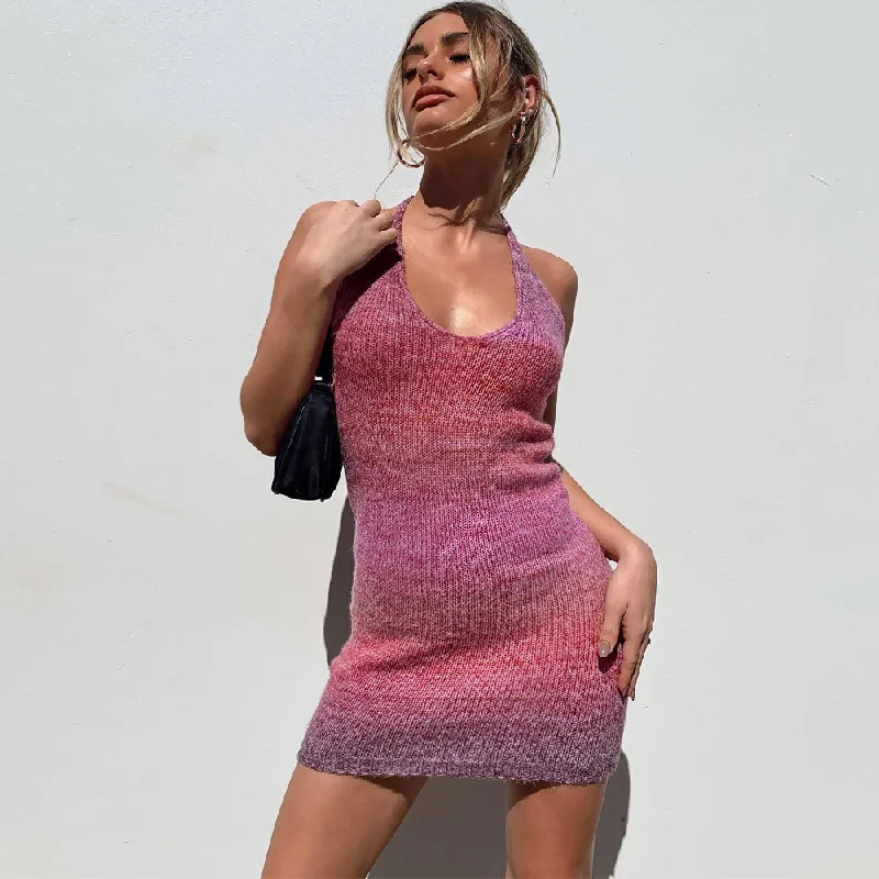 Warm Women's Sweaterdress for Winter Days -Sexy Halter Neck Sleeveless Open Back Ombre Knit Mini Bodycon Dress Warm Women's Sweaterdress for Winter Days -Sexy Halter Neck Sleeveless Open Back Ombre Knit Mini Bodycon Dress