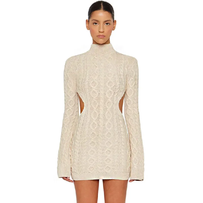 Women's Sweaterdress for Layering Over Jeans -Sexy Apricot High Neck Fisherman Cable Knit Cutout Sweater Mini Dress Women's Sweaterdress for Layering Over Jeans -Sexy Apricot High Neck Fisherman Cable Knit Cutout Sweater Mini Dress