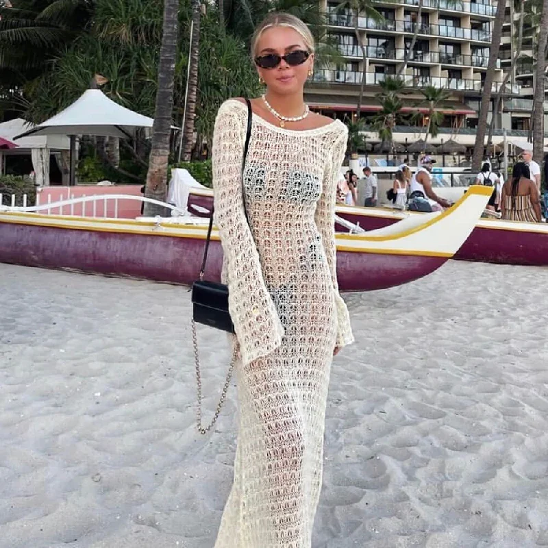 Women's Sweaterdress with Cozy Fleece Lining -Sexy Round Neck Bell Sleeve Backless Crochet Knit Maxi Dress