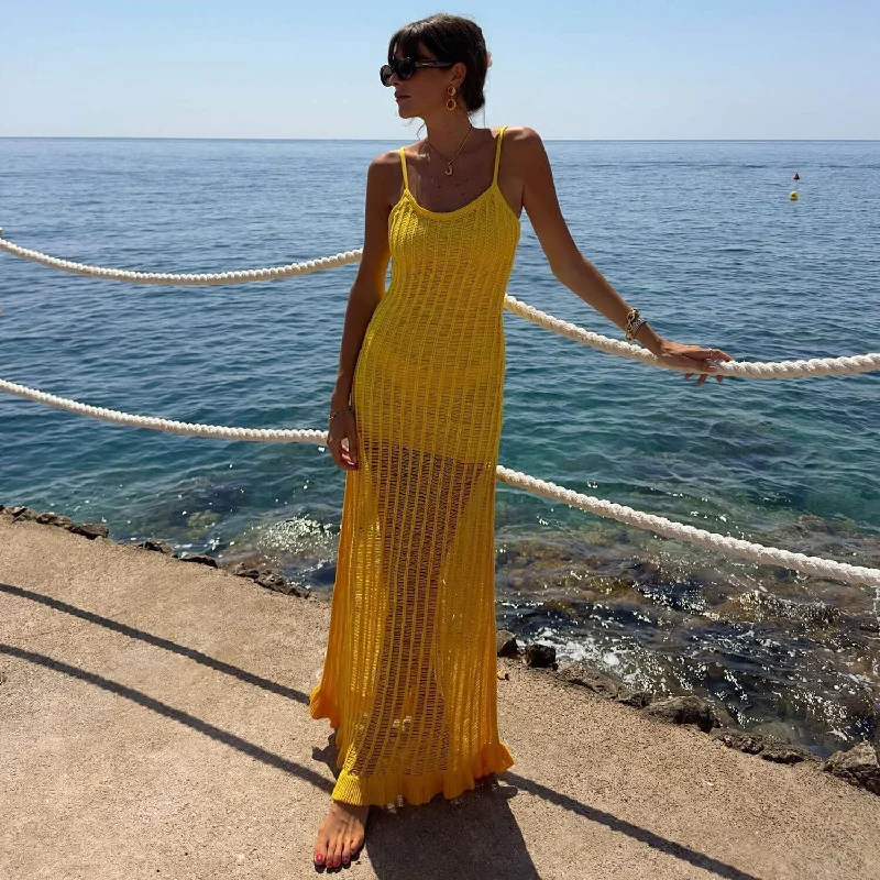 Women's Sweaterdress with Textured Knit Pattern -Sexy Scoop Neck Sleeveless Ladder Knit Ruffle Fishtail Crochet Maxi Dress Women's Sweaterdress with Textured Knit Pattern -Sexy Scoop Neck Sleeveless Ladder Knit Ruffle Fishtail Crochet Maxi Dress