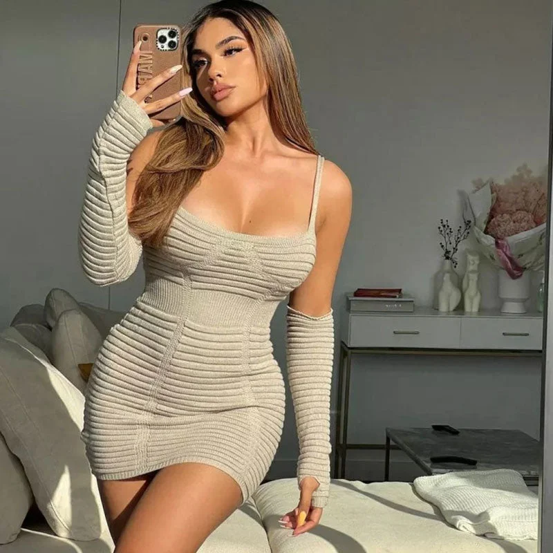 Long Knit Sweaterdress for Women -Sexy Scoop Neck Suspender Strap Textured Rib Knit Beige Mini Bodycon Dress Long Knit Sweaterdress for Women -Sexy Scoop Neck Suspender Strap Textured Rib Knit Beige Mini Bodycon Dress