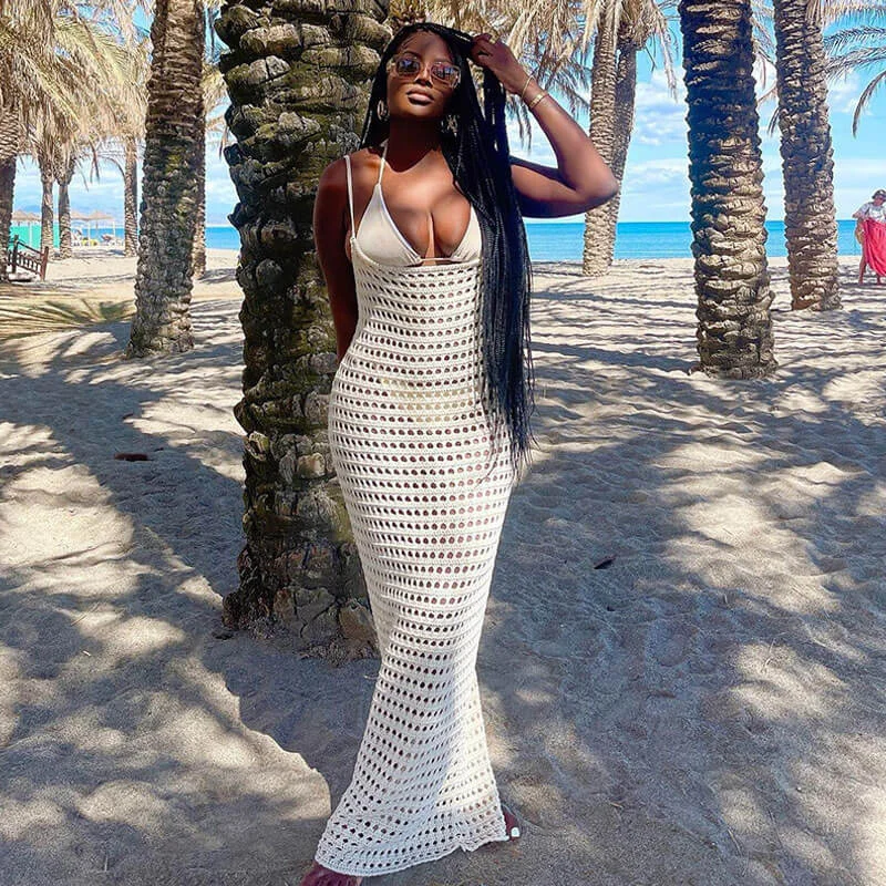Women's Sweaterdress -Sexy Sheer Crochet Open Knit Spaghetti Strap Scoop Neck Maxi Cover Up Dress Women's Sweaterdress -Sexy Sheer Crochet Open Knit Spaghetti Strap Scoop Neck Maxi Cover Up Dress