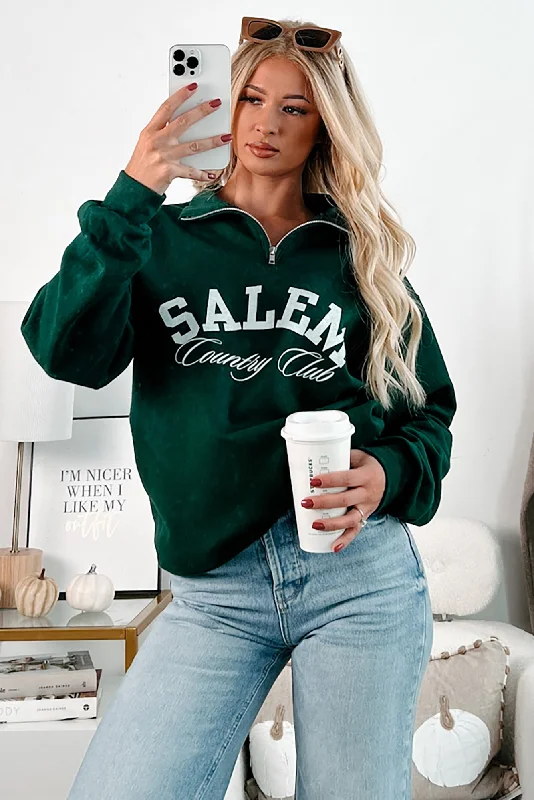Women's Sweatshirts with Iconic Patch -"Salem Country Club" Quarter-Zip Sweatshirt (Forest Green)