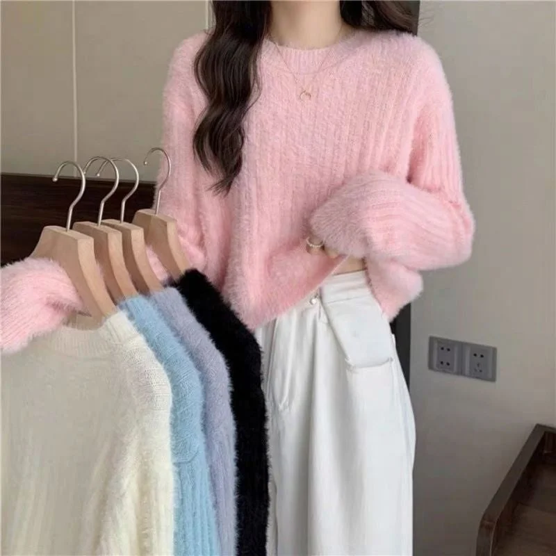 Women's Lightweight Woolen Pullovers Sweater for Fall-Short Mink Sweater Women's Solid Color Sweet All-Matching Graceful Pullover Fashion Knitwear Top Women's Lightweight Woolen Pullovers Sweater for Fall-Short Mink Sweater Women's Solid Color Sweet All-Matching Graceful Pullover Fashion Knitwear Top