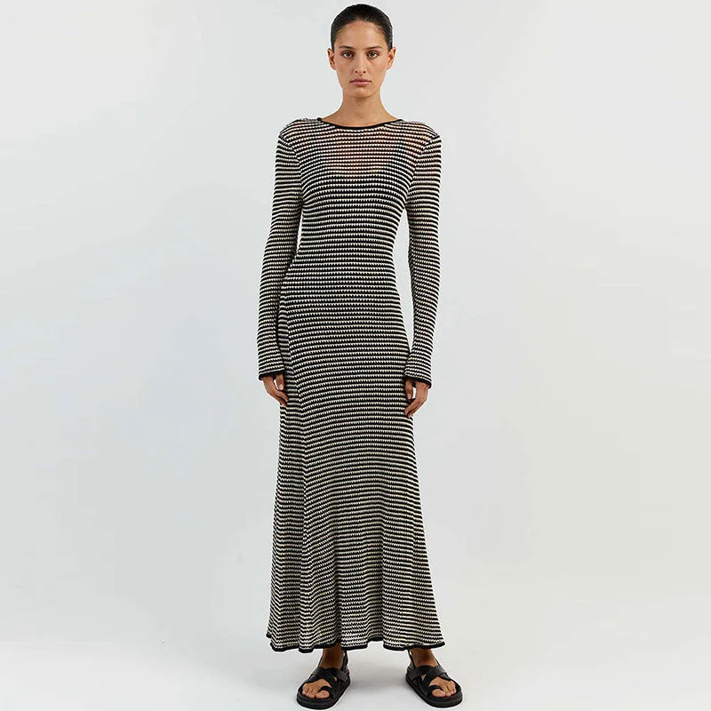 Women's Sweaterdress with Folded Hem -Sleek Open Wavy Black and White Striped Crochet Knit Fishtail Maxi Dress Women's Sweaterdress with Folded Hem -Sleek Open Wavy Black and White Striped Crochet Knit Fishtail Maxi Dress
