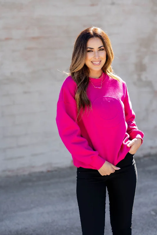 Women's Sweatshirts for Street Style -Smiley Embossed Crewneck
