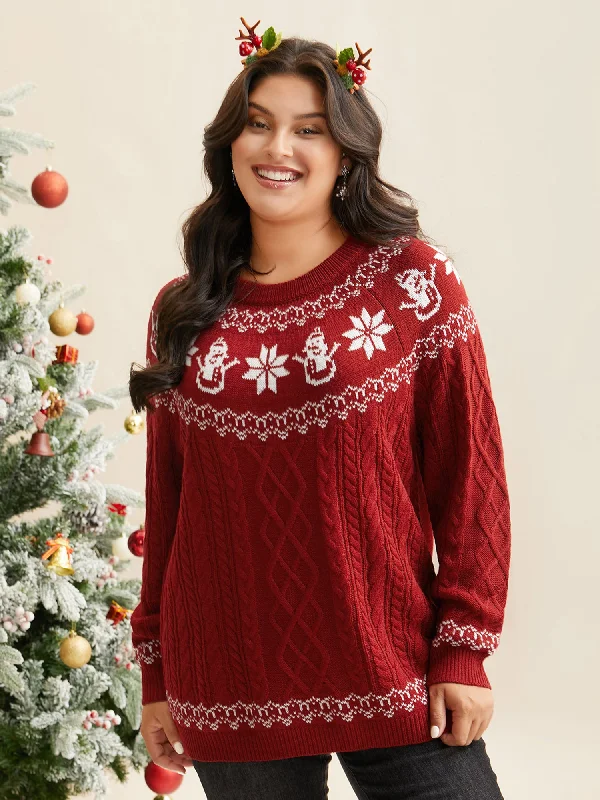 Women's Simple Knit Pullovers Sweater-Snowman Printed Cable Knit Pullover