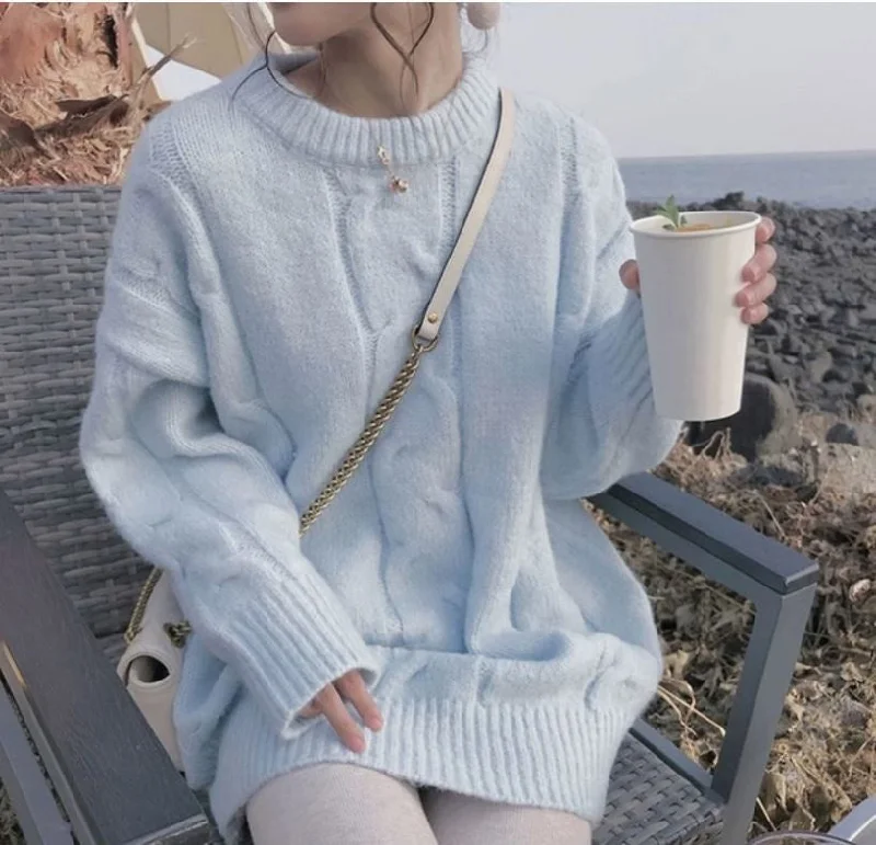 Women's Soft Knit Pullover Sweater with Open Front-Soft Milk Blue Japanese Thickened Sweater Women's 2022 Autumn And Winter New Lazy Wind Loose Outer Wear Pullover Women's Soft Knit Pullover Sweater with Open Front-Soft Milk Blue Japanese Thickened Sweater Women's 2022 Autumn And Winter New Lazy Wind Loose Outer Wear Pullover