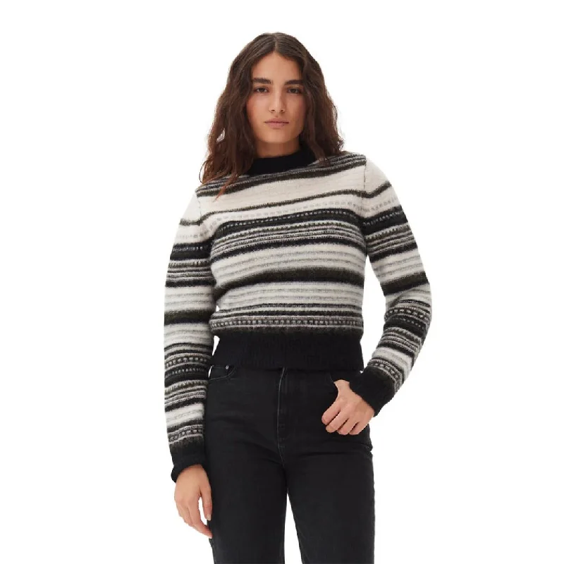 Knit Tops for Boho Looks-Soft Wool Stripe O-Neck (Black)
