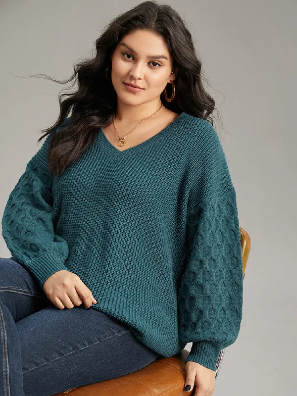 Women's Cropped Knit Pullovers Sweater-Solid Cable Knit V Neck Drop Shoulder Pullover