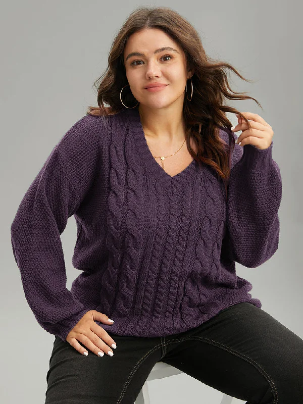 Women's Pullovers Sweater for a Chic Appearance-Solid Cable Knit V Neck Elastic Cuffs Pullover Women's Pullovers Sweater for a Chic Appearance-Solid Cable Knit V Neck Elastic Cuffs Pullover