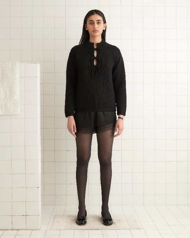 Long Sleeve Knit Tops for Women -Solid Front Tie Pullover