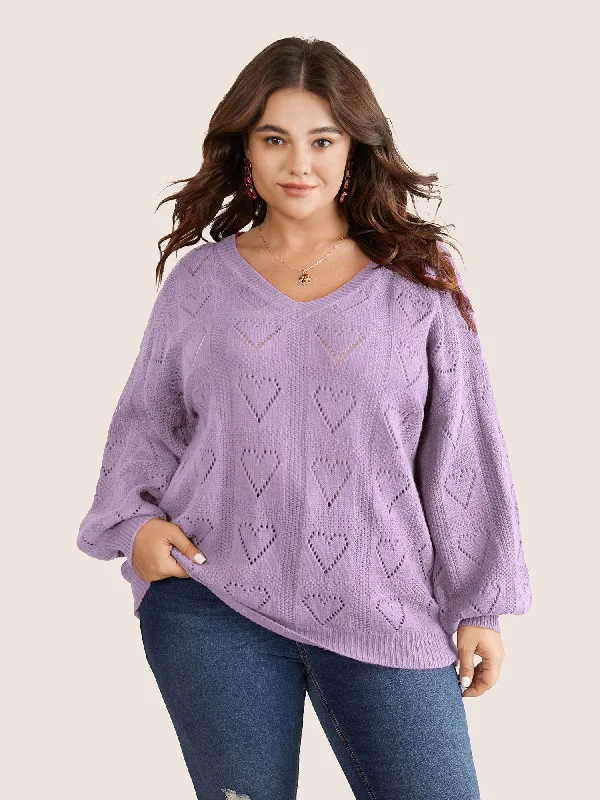 Women's Fuzzy Pullovers Sweater-Solid Heart Pointelle Lantern Sleeve Pullover