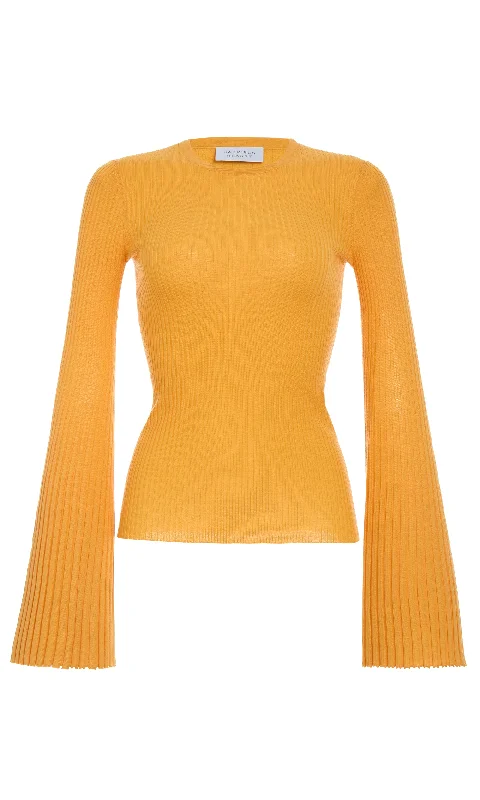 Knit Tops with Three-Quarter Sleeves-Soraya Knit Sweater in Yellow Merino Wool