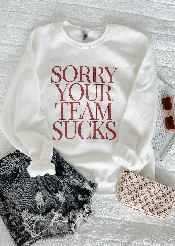 Women's Sweatshirts with Double-Zip Design -"Sorry Your Team Sucks" Graphic Sweatshirt (White/Red) Women's Sweatshirts with Double-Zip Design -"Sorry Your Team Sucks" Graphic Sweatshirt (White/Red)
