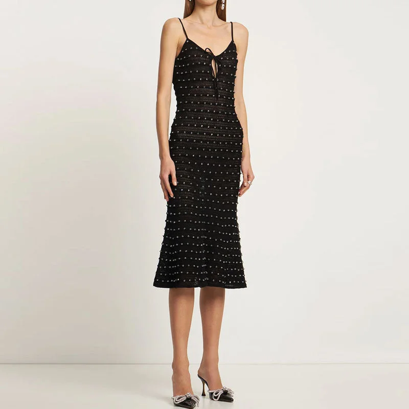 Women's Sweaterdress with Belt -Sparkly Crystal Embellished Cami Keyhole Cutout Black Openwork Knit Midi Dress Women's Sweaterdress with Belt -Sparkly Crystal Embellished Cami Keyhole Cutout Black Openwork Knit Midi Dress