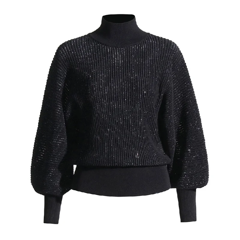 Women's Pullovers Sweater for Layering-Sparkly High Neck Balloon Sleeve Metallic Lurex Ribbed Knit Pullover Sweater
