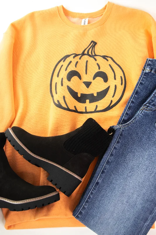 Women's Sweatshirts with Double-Stitched Pockets -Spooky Jack O Lantern Sweatshirt, Light Orange Women's Sweatshirts with Double-Stitched Pockets -Spooky Jack O Lantern Sweatshirt, Light Orange