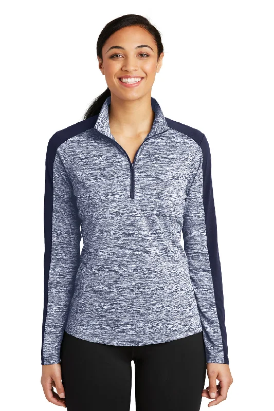 Women's Sweatshirts for Fall and Winter -Sport-Tek Womens Electric Heather Moisture Wicking 1/4 Zip Sweatshirt - True Navy Blue Electric/True Navy Blue