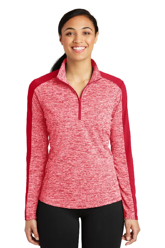 Women's Sweatshirts with Vintage Logo -Sport-Tek Womens Electric Heather Moisture Wicking 1/4 Zip Sweatshirt - Deep Red Electric/Deep Red