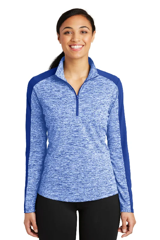 Women's Sweatshirts for Sporty Comfort -Sport-Tek Womens Electric Heather Moisture Wicking 1/4 Zip Sweatshirt - True Royal Blue Electric/True Royal Blue