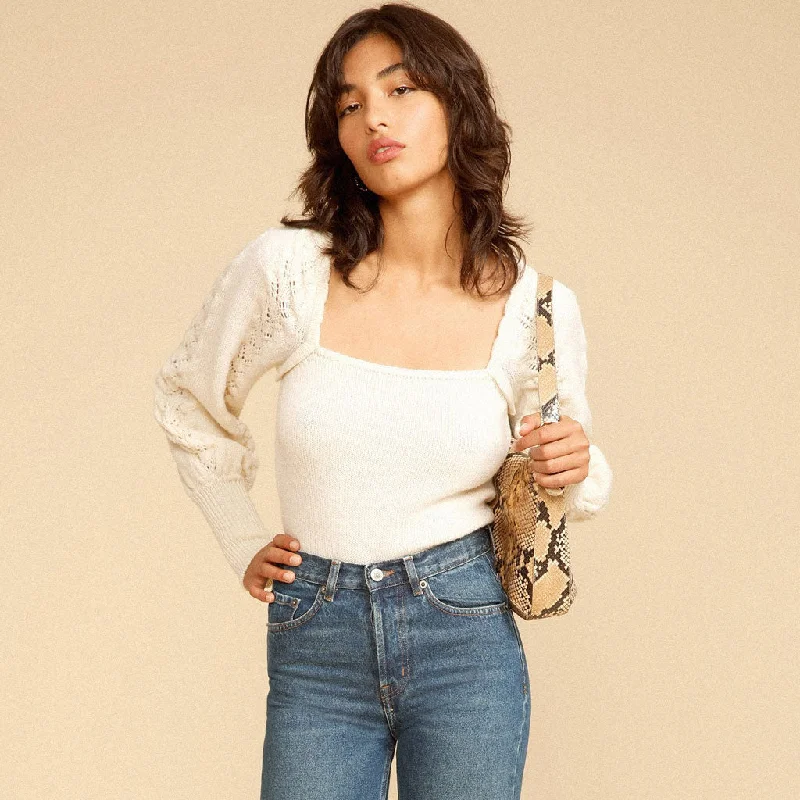 Women's Vintage Style Pullovers Sweater-Square Neck Cutout Bishop Sleeve Crochet Pullover Sweater - Cream Women's Vintage Style Pullovers Sweater-Square Neck Cutout Bishop Sleeve Crochet Pullover Sweater - Cream
