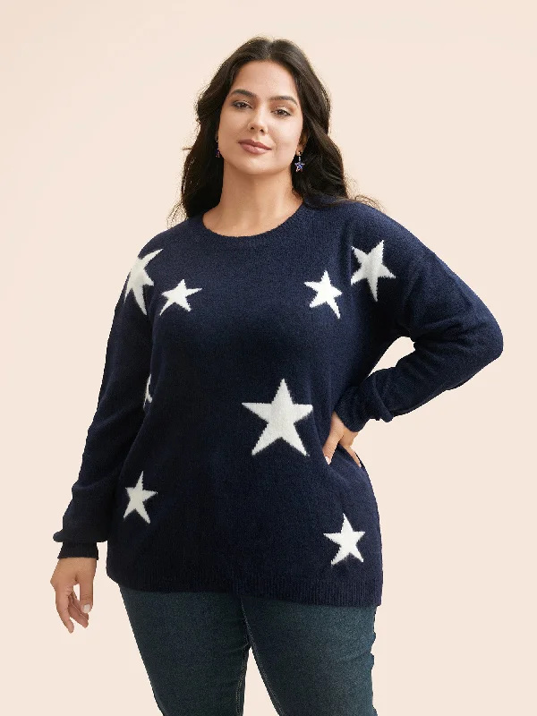 Women's Pullover Sweater with Simple Knit-Star Jacquard Crew Neck Pullover