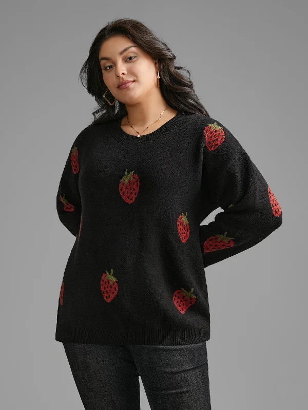 Women's Slimmer Fit Pullovers Sweater-Strawberry Jacquard Drop Shoulder Sleeve Pullover