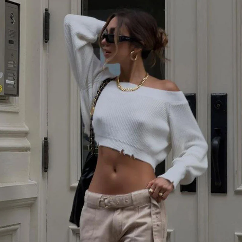 Women's Wool Knit Pullover Sweater with Long Sleeves-Street Style Off The Shoulder Long Sleeve Ripped Cropped Pullover Knit Sweater