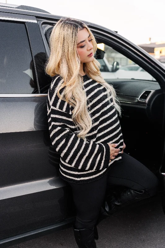 Women's Woolen Knit Pullovers Sweater-Coastal Stripes Pullover Sweater-Black