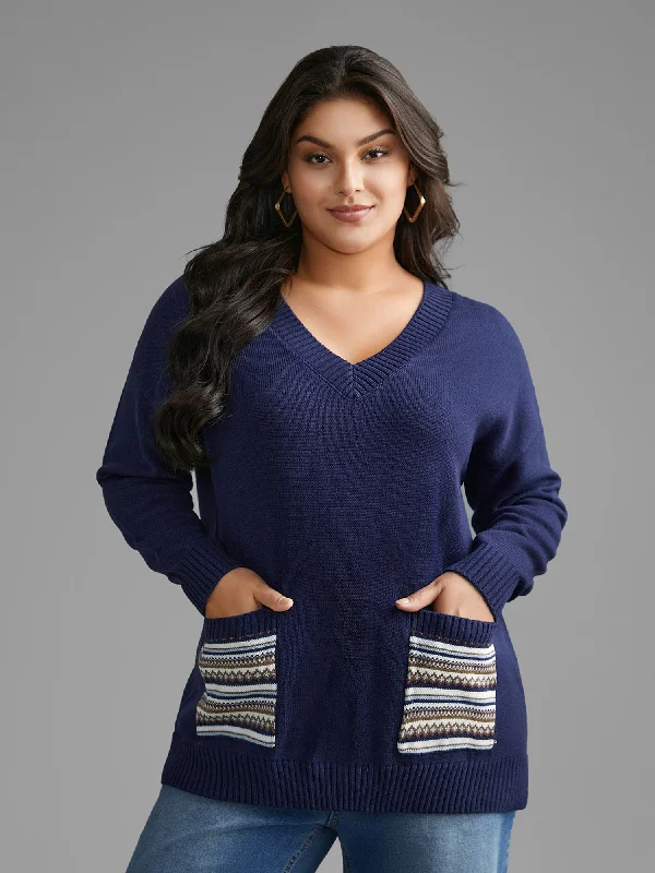 Women's Pullovers Sweater for Street Fashion-Striped Jacquard Patched Pocket Pullover Women's Pullovers Sweater for Street Fashion-Striped Jacquard Patched Pocket Pullover