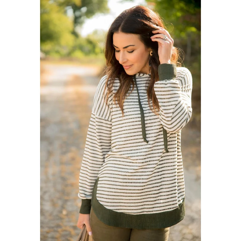Women's Sweatshirts with Unique Fabrics -Striped Solid Trimmed Hoodie