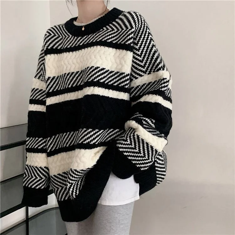 Women's Soft Cashmere Pullover Sweater with Cuffs-Striped Sweater For Women Loose Pullover Lazy Outer Wear Slimming Knitted Top Early Autumn Women's Soft Cashmere Pullover Sweater with Cuffs-Striped Sweater For Women Loose Pullover Lazy Outer Wear Slimming Knitted Top Early Autumn