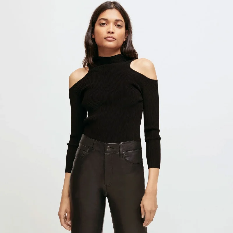 Women's Cotton Pullovers Sweater-Stylish High Neck Cutout 3/4 Sleeve Rib Knit Pullover Sweater - Black
