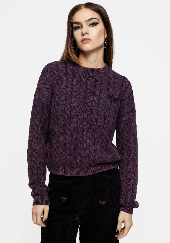 Women's Pullovers Sweater for Everyday Comfort-Styx Moth Embroidered Acid Wash Cable Knit Jumper