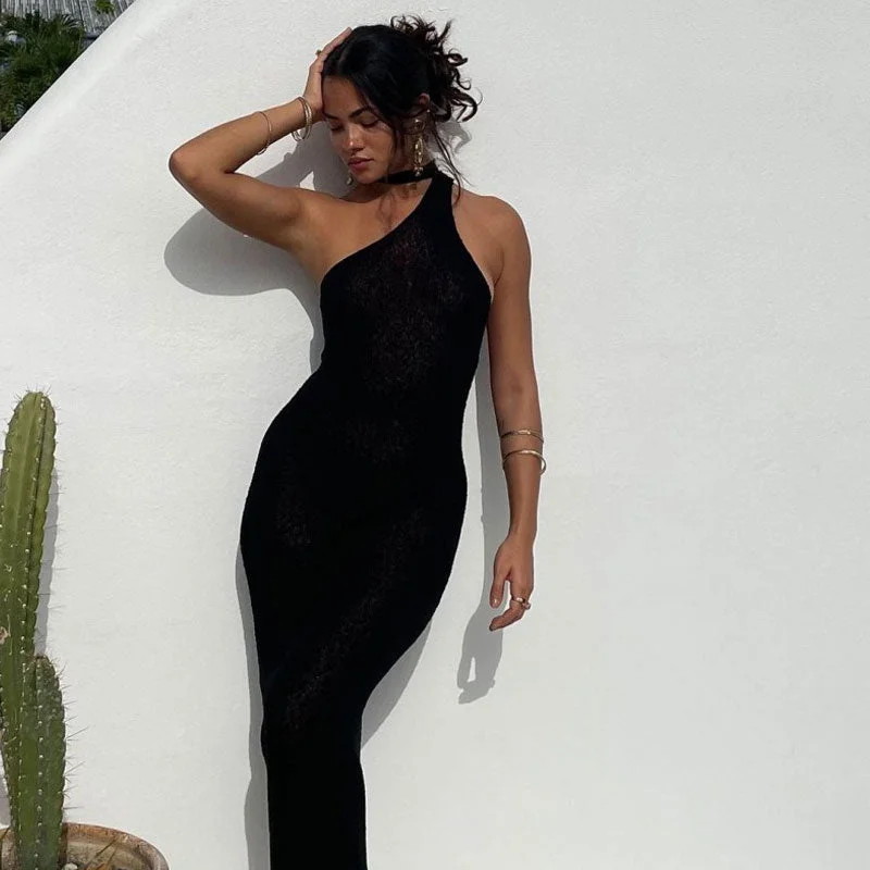 Women's Knit Sweaterdress with Cowl Neck -Sultry One Shoulder Halter Sleeveless Cutout Maxi Cover Up Knit Dress Women's Knit Sweaterdress with Cowl Neck -Sultry One Shoulder Halter Sleeveless Cutout Maxi Cover Up Knit Dress