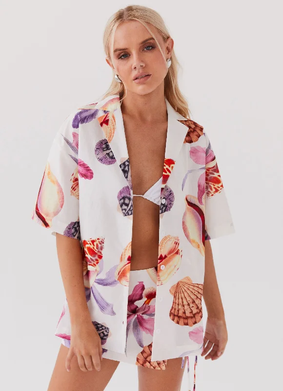 Knit Tops with Ruffled Sleeves-Summer Retreat Oversized Linen Shirt - Seaside Bouquet